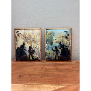 Vintage Reverse Painted Convex Glass Silhouette Pictures Parent Child set of 2